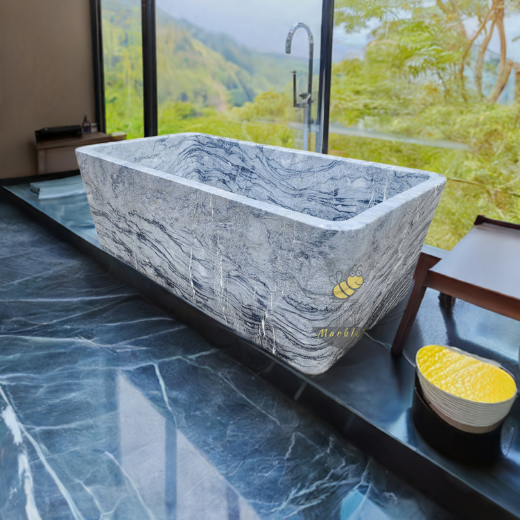 Square Stone Bathtub Made from Italian Platinum Blue Marble