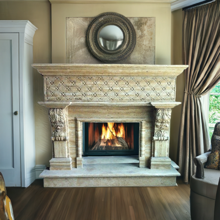 Travertine Fireplace Surrounds Hand-carved from Beige travertine