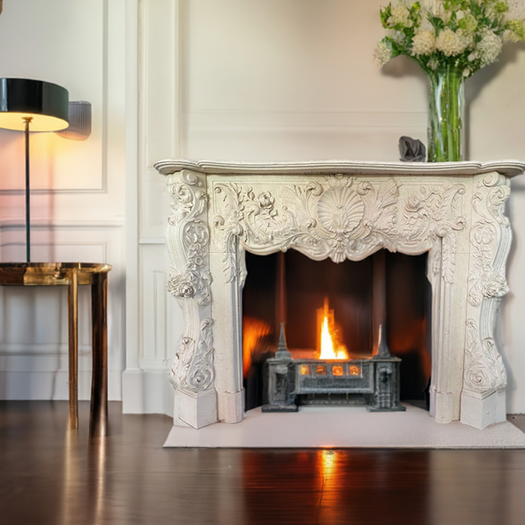 White Fireplace Mantel in creamy limestone Hand Carved