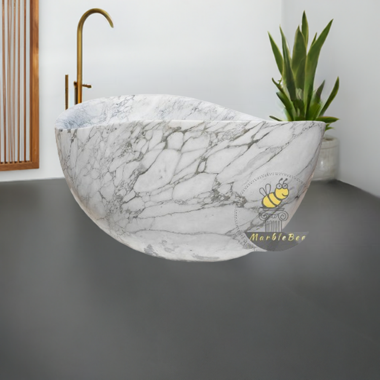 White Marble Bathtub of Calacatta Marble: Papillon Design Large Stone Tub for Two