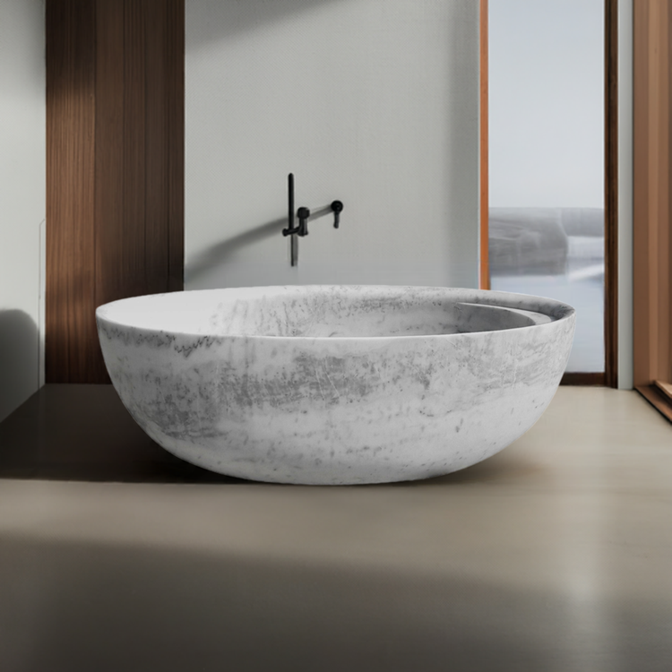 White Marble Bathtub with Ergonomic Curve and Headrest for Ultimate Comfort