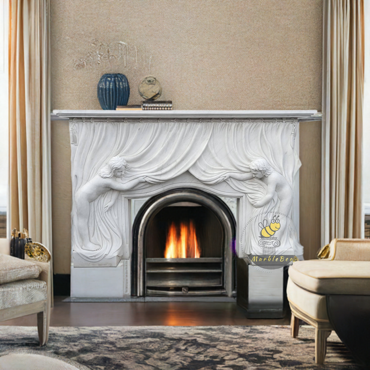 White Marble Fireplace Unique Hand Carved  with Two Female Figures Lifting Curtain