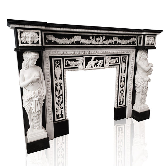 Large Hand Carved White and Black Mix-Colored Fireplace Surround