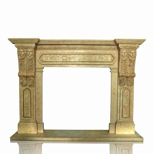 Fireplace Mantel with Faces Beige Limestone in Caryatids