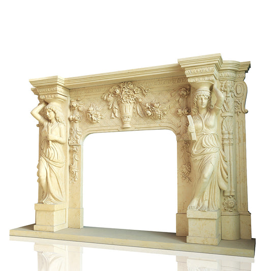 Marble fireplaces in Egyptian Beige Marble with Figurative Sculptures