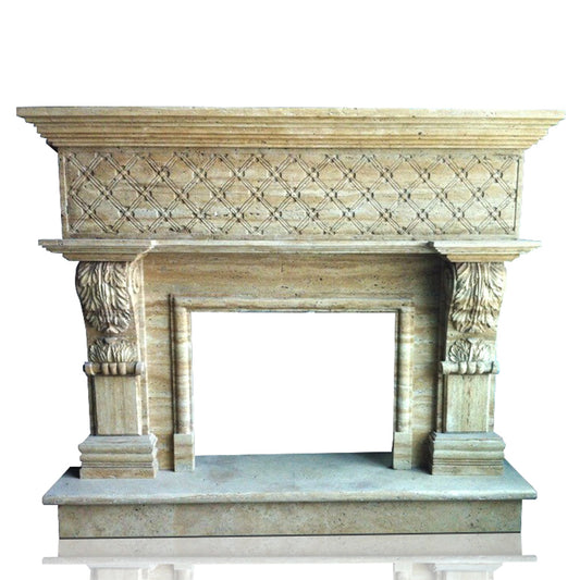 Marble Fireplace mantel with architectural corbel carving hand-carved from travertine