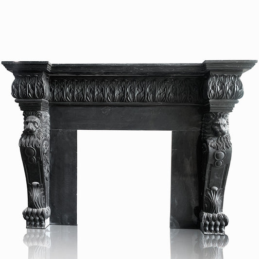 Black marble fireplace mantel Neoclassical style with lion statue