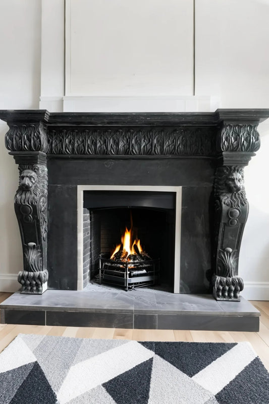 Black marble fireplace mantel Neoclassical style with lion statue