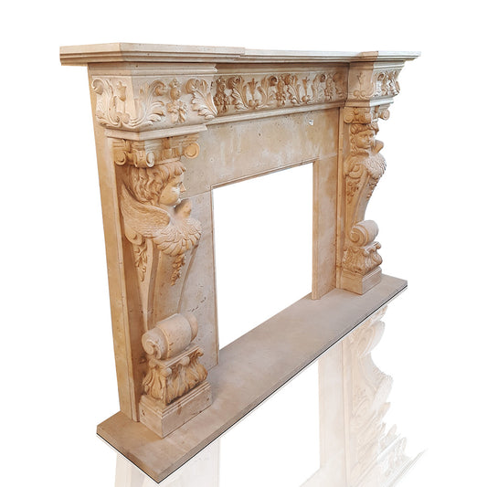 Marble fireplace mantel with sculptures