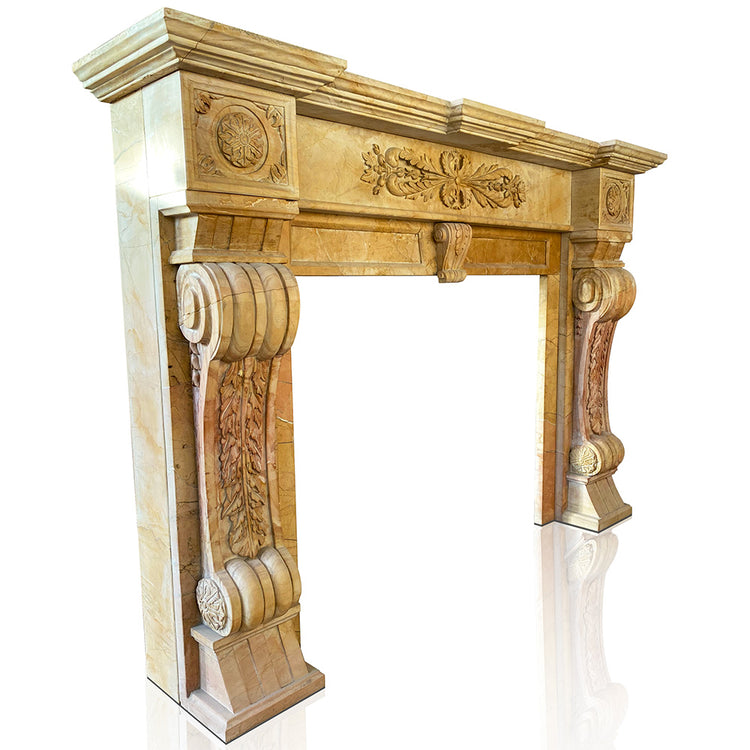 Classic Marble Fireplace Mantel with Intricate Scroll and Floral Carvings