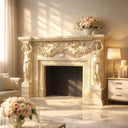 marble fireplace mantel carved with caryatid-style female columns.