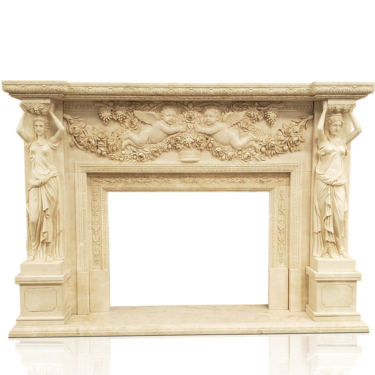 marble fireplace mantel carved with caryatid-style female columns.