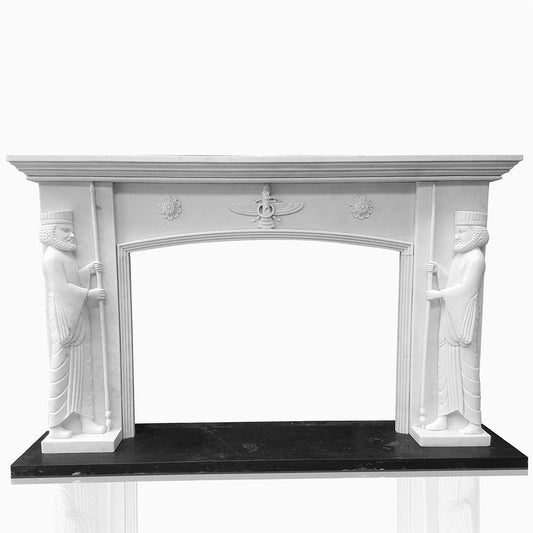 White Marble Fireplace surround hand-carved with Faravahar symbol