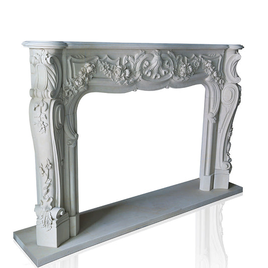 White Marble Fireplace Mantel Rococo style with intricate floral scrollwork carvings.