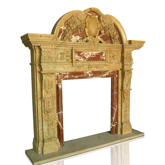 Grand marble fireplace mantel with a regal arched pediment