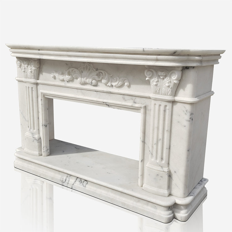 White Marble Fireplace Surround with Roman Capital Design & Hearth Hand-carved antique style