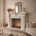 Large White Marble Fireplace Mantel with Floral Carving for Living Room Decor