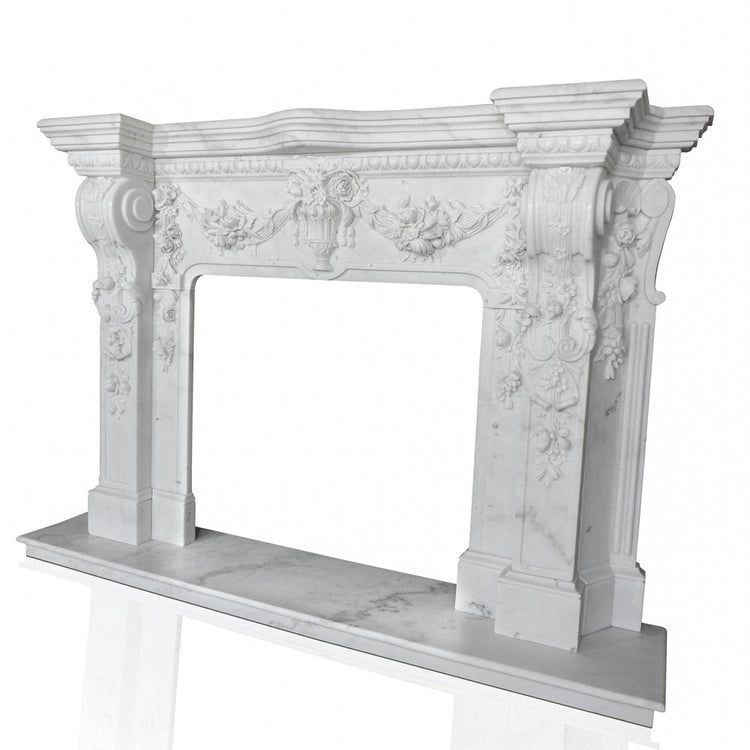 Large White Marble Fireplace Mantel with Floral Carving for Living Room Decor