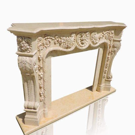 Beige Limestone Fireplace Mantel – French Style Surround with Hearth Stone