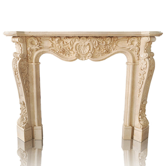 Marble fireplace mantel French Style with Shell Carving at Center of Header, On Sale Now