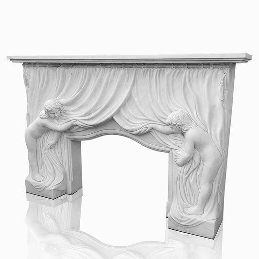 White Marble Fireplace Unique Hand Carved  with Two Female Figures Lifting Curtain