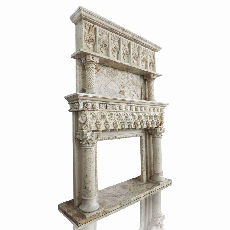 10 ft High Hand Carved Beige Travertine Fireplace Overmantel with Column Decor