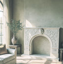 Travertine Fireplace Mantel shelf arched opening Tuscan style