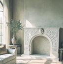 Travertine Fireplace Mantel shelf arched opening Tuscan style