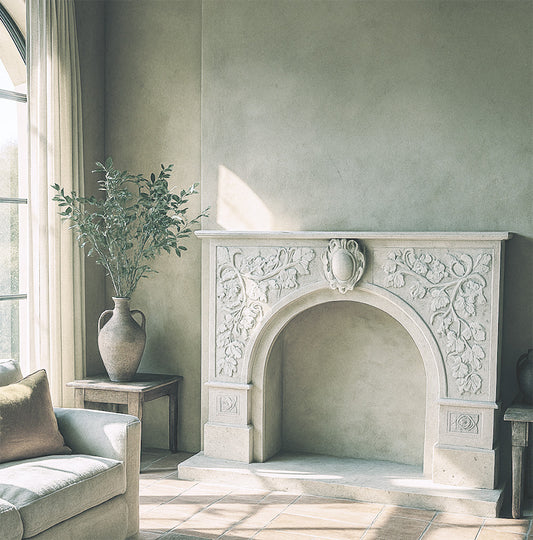 Travertine Fireplace Mantel shelf arched opening Tuscan style