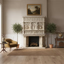 Ornate Renaissance-Style Beige Travertine Fireplace Mantel with Intricate Carvings