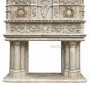 Ornate Renaissance-Style Beige Travertine Fireplace Mantel with Intricate Carvings