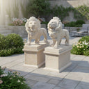 Lion Statues for Sale Classic Beige Limestone Hand-Carved Pair