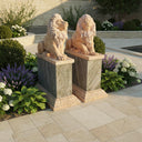Lion Statues In Front Of House Sunset Red and Light Green Marble Pair
