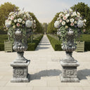 Regal Hand-Carved Gray Marble Urn Planters on Pedestals