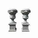 Regal Hand-Carved Gray Marble Urn Planters on Pedestals