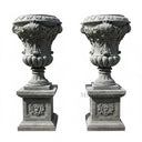Regal Hand-Carved Gray Marble Urn Planters on Pedestals