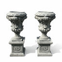 Regal Hand-Carved Gray Marble Urn Planters on Pedestals