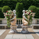 Pair of Classical Marble & Onyx Kneeling Female Statues with Urns