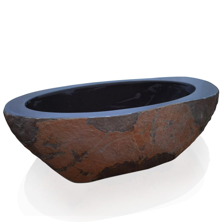 Marblebee granite bathtub with brown rustic surface, perfect for outdoor bathing experiences