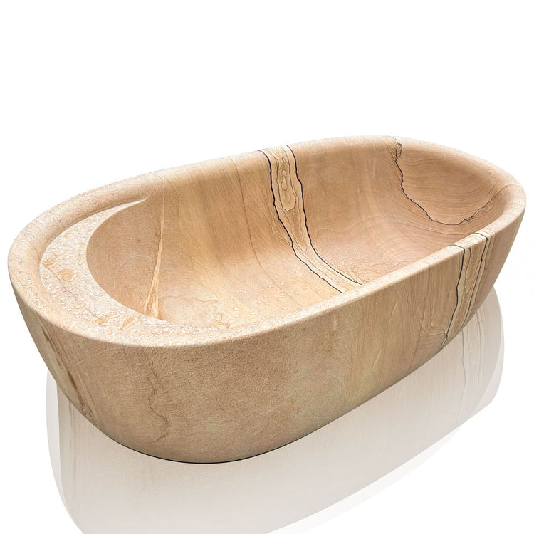 Customized tone bathtub hand-carved from sandstone with head rester and wine holder