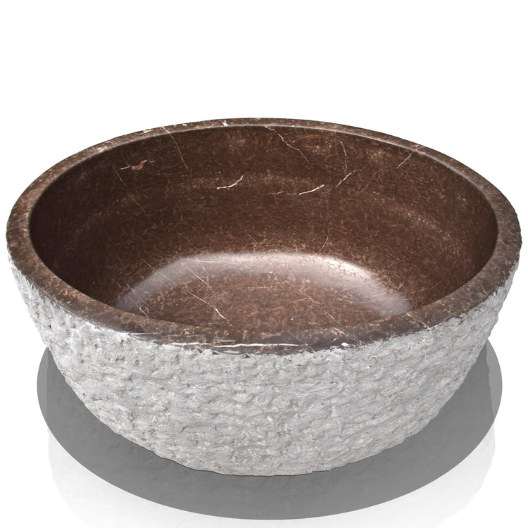 Round Brown Stone tub in Japanese soaking tub style Hand-carved with Chiseled Exterior and Polished Interior