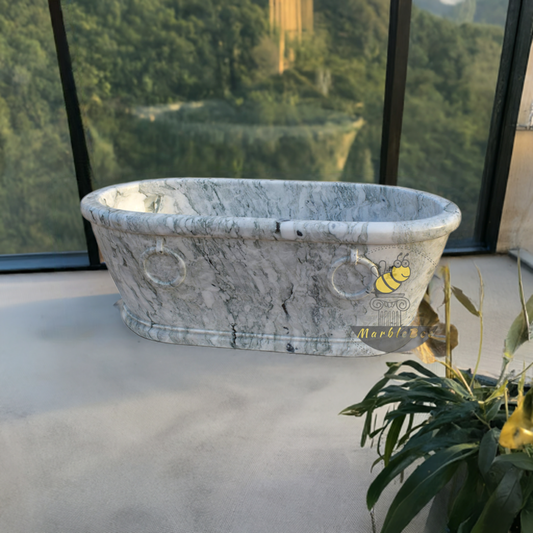 Marble bathtub with two rings traditional rolled edge oval design perfect for high-end mansions