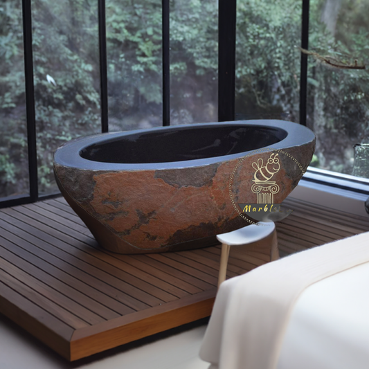 Marblebee granite bathtub with brown rustic surface, perfect for outdoor bathing experiences