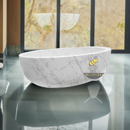 White marble bathtub with headrest and wine glass holder for the ultimate bathing experience