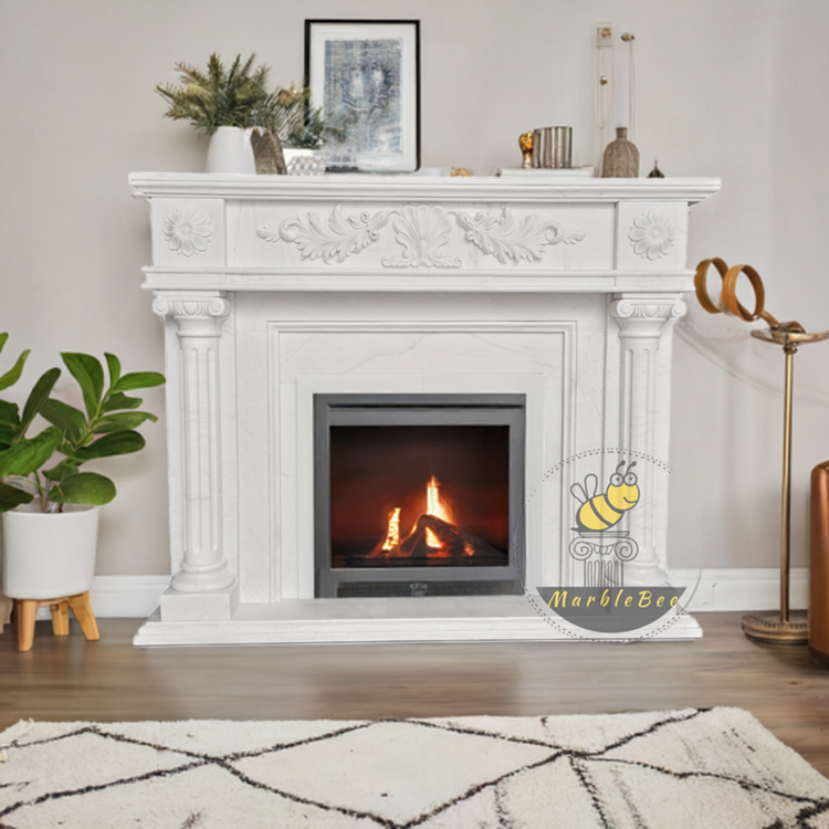 Historic Louis XIII Designer Fireplace Mantel with Floral Carving & Column Decor in White Marble