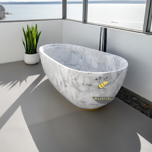 Marble bathtub with head-rester wine holder made by white Carrara In stock - timeless luxury for your space