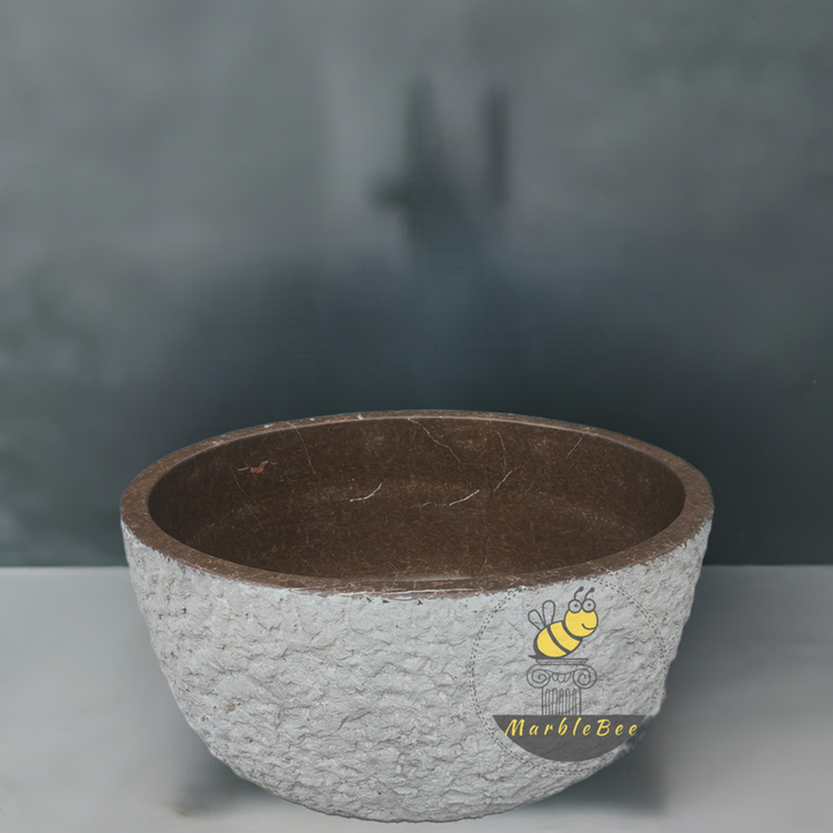 Marblebee stone bathtub round tub with Chiseled Exterior and Polished Interior