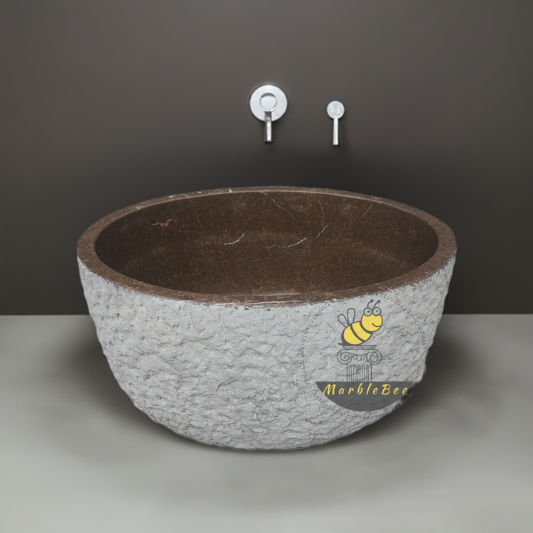 Marblebee stone bathtub round tub with Chiseled Exterior and Polished Interior