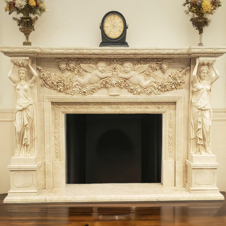 marble fireplace mantel carved with caryatid-style female columns.