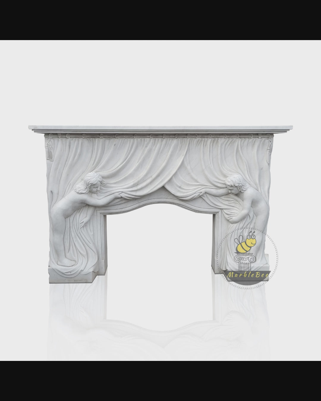 White Marble Fireplace Unique Hand Carved  with Two Female Figures Lifting Curtain